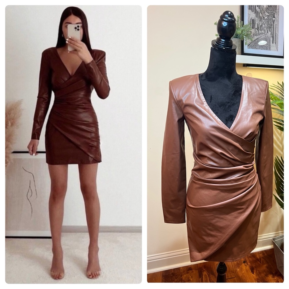 Zara Brown Faux Leather Long Sleeve V-Neck Crossover Ruched Dress Small